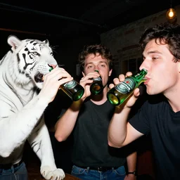 flash photography of 3 0 people drinking heineken beer with white tiger