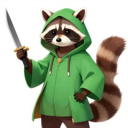 a raccoon in a green, hooded rouge outfit holding dagger, trending on art station, anime