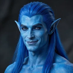 a portrait of a blue skin humanoid male with, elegant, smiling, chiseled jaw, slightly smiling, triton race from d & d, elf ears, beautiful man, long blue hair in a ponytail, short hair on sides, style by donato giancola, wayne reynolds, jeff easley, dramatic light, high detail, cinematic lighting, artstation