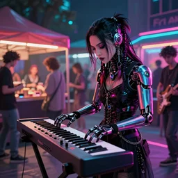 cyberpunk goth musician cyborg playing cyberpunk synthesizer in cyberpunk farmers market by william barlowe and pascal blanche and tom bagshaw and elsa beskow and enki bilal and franklin booth, neon rainbow vivid colors smooth, very fine high detail 8 k resolution