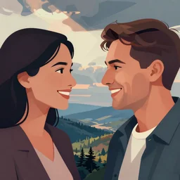 smiling at each other, a simple textured vector based illustration, critical detail, contrasting colors, sharp focus, atmospheric dreamscape painting, wlop by ( ross tran )