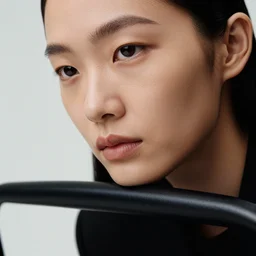 close up of face of asian female fashion model, sitting on chair, official jil sander editorial, highly detailed