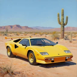 Lamborghini Countach in the Arizona desert, oil painting in the style of Roger Dean