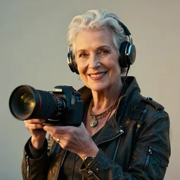 stunning portrait photography of smiling beautiful cyber - punk old lady in simple background, award wining, canon 5 d mk 4, art lens, golden hour f 1. 4,