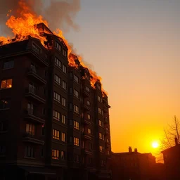 building on fire, golden hour, ultrahd, ultra sharp, hyper detailed, 8 k, shot on film camera, tumblr aesthetic, wallpaper
