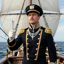 Monroe as a ship captain in the age of sail Ship Sea Water Sail Military Uniform Diamonds Regal In the style of John Collier