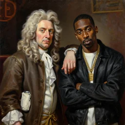 a realistic neoclassical painting of sir isaac newton and tupac shakur, chillin at the club together, photorealistic oil on canvas, brilliant detail, exquisite