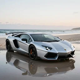 A beautiful silver Lamborghini aventador on the beach, 8k, ray tracing reflection