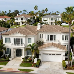 wealthy neighborhood with lots of neoclassical mansions and palm trees, gated community, photography