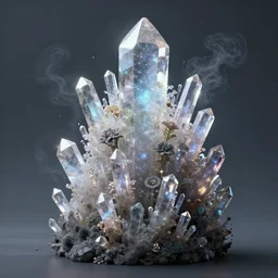 skin concept anthropomorph, biopunk, in full growth, magical crystals, smoky crystals, translucent crystals, luminous sparkling crystals, many details, 3 d, cinematic, hyper realism, high detail, octane render