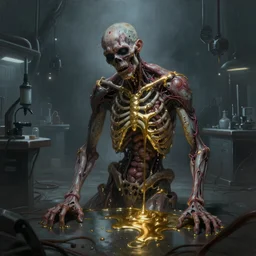 realistic painting of a dark foggy sci-fi laboratory at night, with a zombie made of guts and veins, dripping golden shiny metalic fluid from ribcage to the floor. liquid shiny pool of gold on the floor.