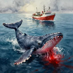 a whale bleeding on the ocean near to a fishing vessel, water color, smooth effect, hyper detailed, dark art, horror art, digital art, octane render, realistic painting, high angle, volumetric light, part by beksinski, zdzisław part by carl gustav carus with red blood brushstrokes by swanland raymond.