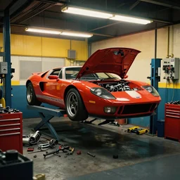 japanese garage parts strewn around tools red tool box. 2022 Ford GT on lift removed hood. Warm fluorescent lighting. Bladerunner 2049 (muted colors) scene. artstation trending. 45mm camera photo 2017. Street racer garage tokyo colorful.