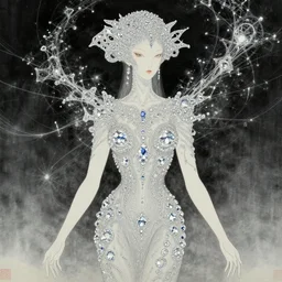 portrait of a beautiful ancient alien techno matrix beautiful goddess in iris van herpen dress in diamonds and fractals in style of shin hanga and kawanabe kyosa, trending on artstation