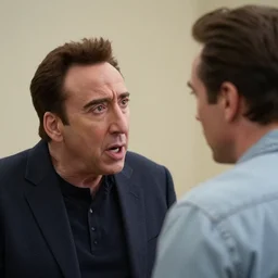 over the shoulder shot of nicolas cage arguing with nicolas cage