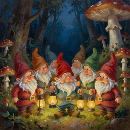 painting of group of funny gnomes woth lanterns, forest of mushrooms, nighttime, oil painting