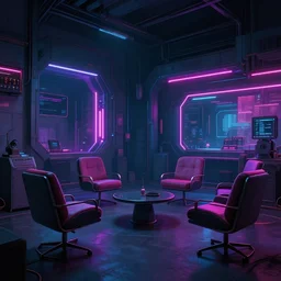 concept art of cyberpunk 2 0 7 7 cinema environment, few chairs, neon, by marta leydy, highly detailed, 8 k, hdr, studio, matte painting, digital illustration, artstation