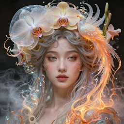 3 d close up swirly portrait of the face of a beautiful princess with translucent nautilus jellyfish phoenix bird and giant orchid flower and giant gladiola surrounded by smoke and water fire energy flow, intricate, very highly detailed. octane render, excellent composition, by wlop, tooth wu, greg rutkowski, beeple, by alphonse mucha