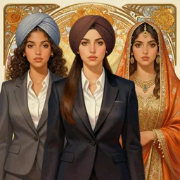a beautiful illustration of one young brazilian woman one young sikh woman one young spanish woman and one young hyderabadi woman, office suits, intricate, sharp focus, illustration, highly detailed, digital painting, concept art, matte, art by wlop and artgerm and greg rutkowski and alphonse mucha, masterpiece