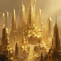 a matte painting of beautiful religious golden science fiction city lots of buildings in the foreground, cinematic lighting, hd, atmospheric, hyper detailed, trending on artstation, deviantart, digital painting, concept art smooth sharp focus illustration, art by artgerm, greg rutkowski, craig mullins and raoul marks