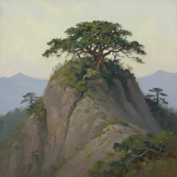 A huge mountain with a giant tree on the top, view from far away, oil painting,