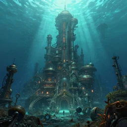 a fantasy steampunk city sunken underwater, highly detailed, deep colours, concept art, stylized, unreal engine 5, trending on art station,