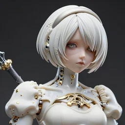 hyper detailed ultra sharp portrait of a beautiful well contoured porcelain ivory nier automata! concept art, artstation!! detailed elegant clothes, up close shot, sharp focus, global illumination, ambient lighting pixiv!! scenery art, biomechanical white silver gold vaporwave rhizomorphs headdress, dream texture, alexandre ferra, irakli nadar, alexander mcqueen, nier automata render 4 k