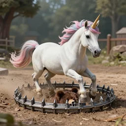 a unicorn caught in a bear trap, photography, 8 k, highly detailed, ultra realistic, path traced