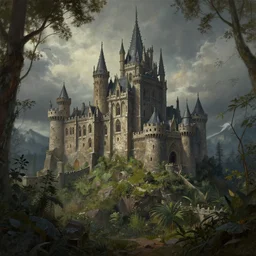 a painting of a castle in the middle of a forest, a detailed matte painting by senior environment artist, cgsociety, gothic art, matte painting, rendered in unreal engine, artstation hq