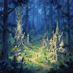 an elven village made of ivory deep in a magical blue spruce forest, anime, a fantasy digital painting by Greg Rutkowski and James Gurney, trending on Artstation, highly detailed