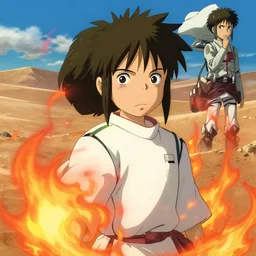 anime visual of haku from spirited away in the desert with fire powers by masayoshi tanaka, in my hero academia, in attack on titan, 8 k, anime!!!!!!!!!!!!!!!, trending on artstation, portrait, big eyes!!!!!!!!, detailed eyes, official media