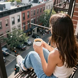 “ top view of a girl holding a cup of coffee sitting on a fire escape overlooking the east village in new york city, morning light, by daniel gerhartz ”