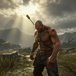 lonely ork warrior hit with an arrow in the shoulder and is bleeding, desolated mountains in the distance, cloudy atmosphere, god rays, realistic, in gta v, by stephen bliss, unreal engine, global illumination, radiant light, detailed and intricate environment