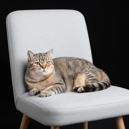 cat relaxing on light gray fabric chair, studio photo, black background