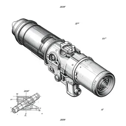 very detailed isometric blueprint scheme of a condensed dark matter blaster, patented in 2039