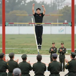 kim jong un attempting pole vault while generals are applauding, aesthetic