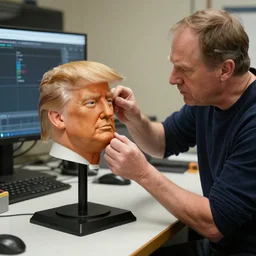 fx wizard stop motion animator phil tippet carefully adjusting a photorealistic puppet of donald trump's head that's sitting on his animation table