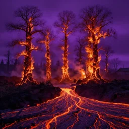 fiery trees, lava on the flow, sky is glowing purple, award winning concept art, Thomas Cole, Trending on Artstation, 4k, 8k