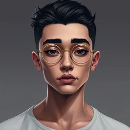 portrait of a cute androgynous young man with black hair and round glasses, heart shaped head, detailed face, clean shaven, round gucci glasses, elegant digital art by h. r. giger, trending on artstation