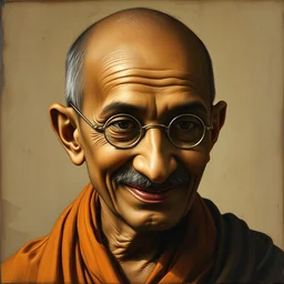 portrait of gandhi, oil painting by jan van eyck, northern renaissance art, oil on canvas, wet - on - wet technique, realistic, expressive emotions, intricate textures, illusionistic detail