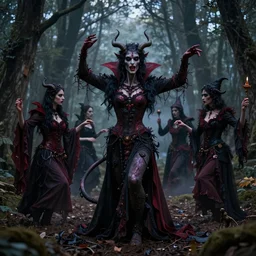 masterpiece ephemeral demons, vampires and witches dancing in the woods at dusk, edmund leighton, majestic, volumetric lighting, photorealistic, intricate, trending on artstation 8 k