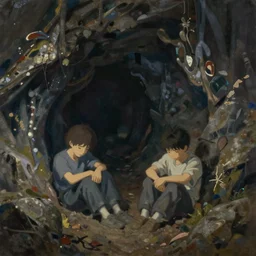 ben solo and rei sitting together in a large dark cave, tired, sad, muted colors, painted by krenz cushart, mucha, ghibli, by joaquin sorolla rhads leyendecker, by ohara koson