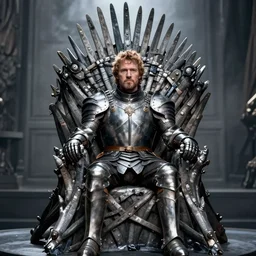 king john oliver wearing armor sitting on the iron throne of westeros