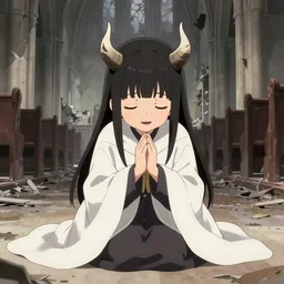 cute japanese girl with small horns, dressed in an old white coat, praying on the floor of a destroyed church, with her eyes and mouth closed and a dark smile, detailed artwork by Yoji Shinkawa