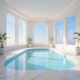 dream pool rooms with white marble and light coming from windows with blue skies. vaporwave aesthetics.