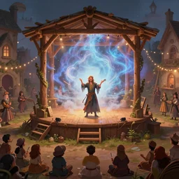 a dungeons & dragons town square in a festival day. a bard sings a magical song and destroys the wooden stage with a shock wave and an ilusion generated smoke. trending on artstation by craig mullins.