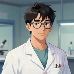 a beautiful comic shot artwork of a young male scientist with black hair and glasses and a white shirt by Jerome Opeña, featured on artstation