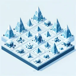 an isometric game map of a frozen yeti wasteland with ice pyramids and igloos, tactics rpg
