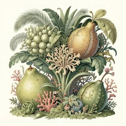 grotesque arabesque foliage, paradise, giant fruits, coral, feathers, flowing ornamental flowers by james jean and hiroshi yoshida, photo, textured