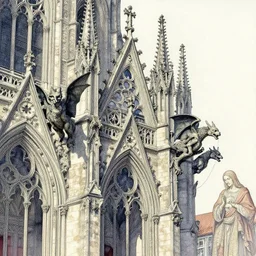 disasterpiece gothic church gargoyles holy estrangement, by Edgar Maxence and Ross Tran and Michael Whelan and Da Vinci, watercolor watercolor intricate line drawings, by Edgar Maxence and Ross Tran and Michael Whelan, 4k resolution